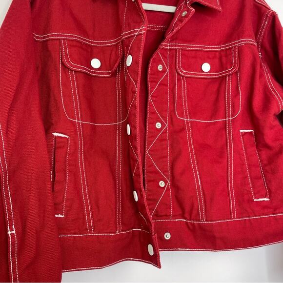Madeline & Monroe red denim white contrast stitch jacket Small 80s - Picture 3 of 12